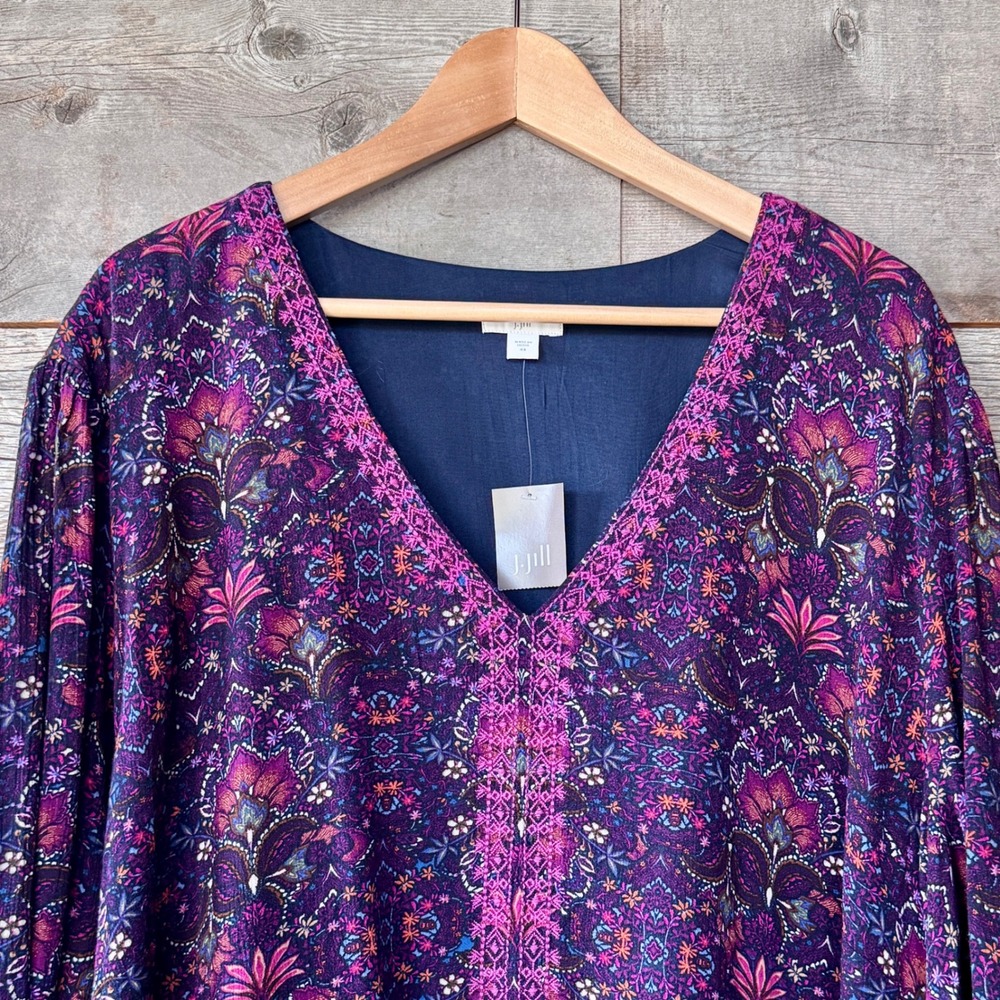 J Jill NWT East Village Tunic Dress 4X Purple Floral Embroidered Midi Boho Flowy